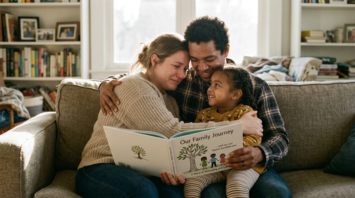 Loving parents embracing their adopted child while reading a personalized story of belonging