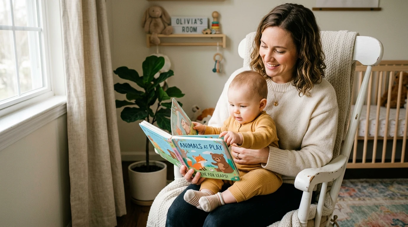 A gentle mother sharing a durable personalized baby board book with her infant