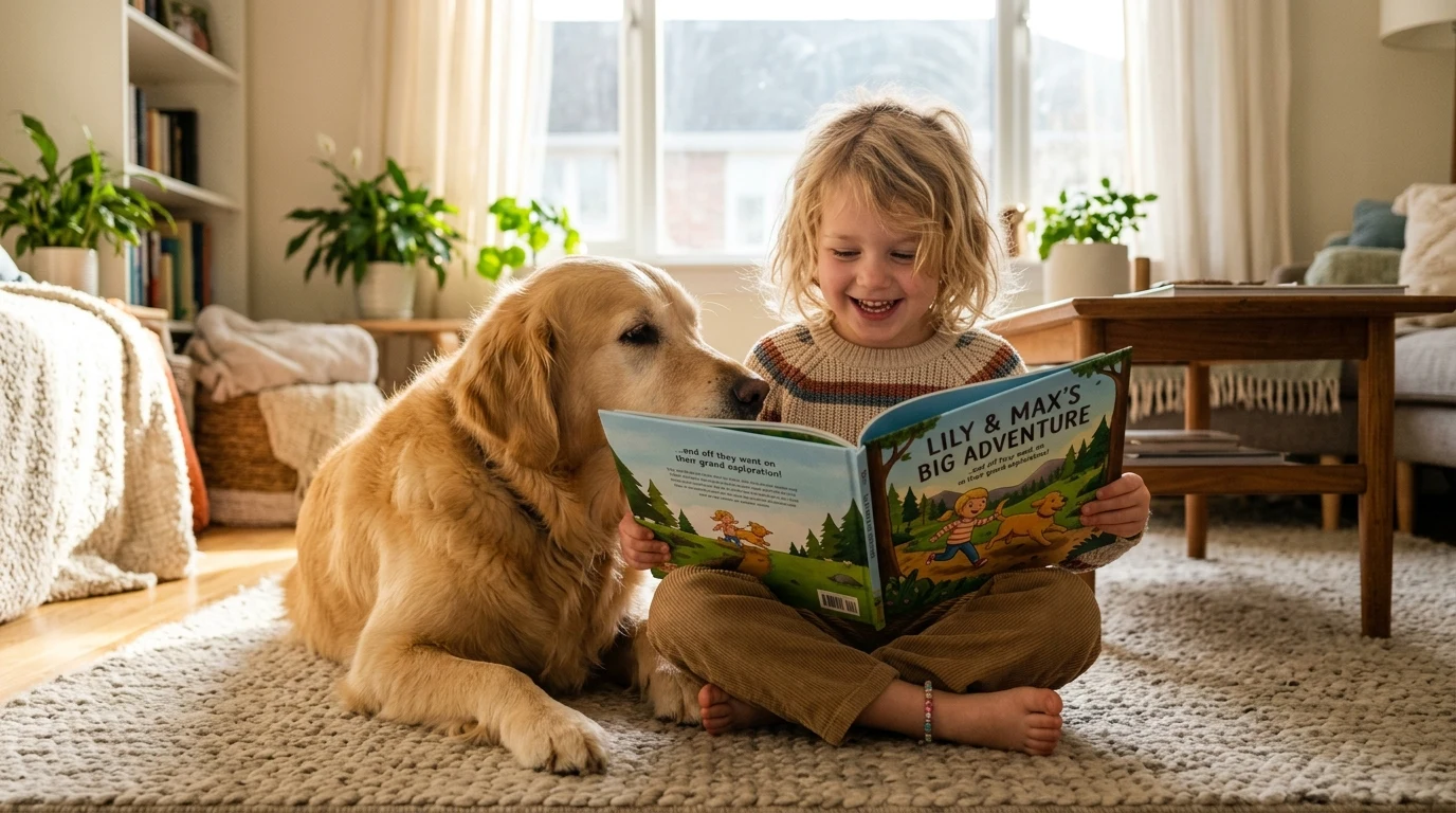 A young girl and her golden retriever sitting side-by-side reading a personalized pet adventure story
