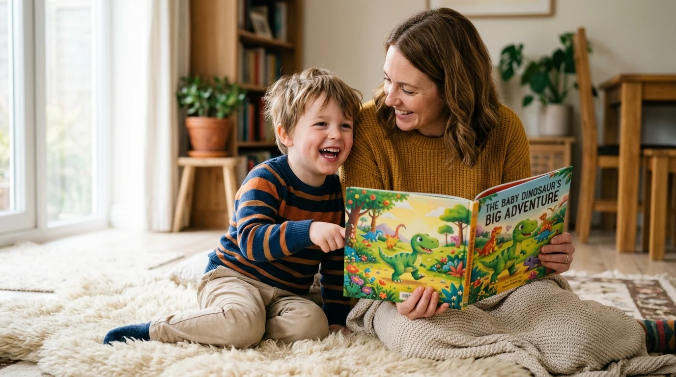 A joyful boy and his mother reading a personalized storybook featuring a friendly 3D dinosaur adventure