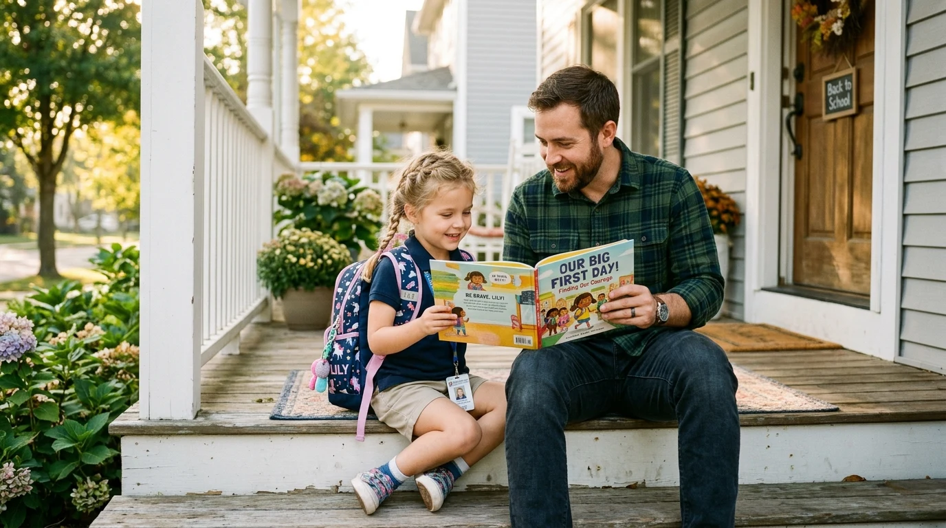 A child with a school backpack sitting on porch steps with father reading a courage storybook