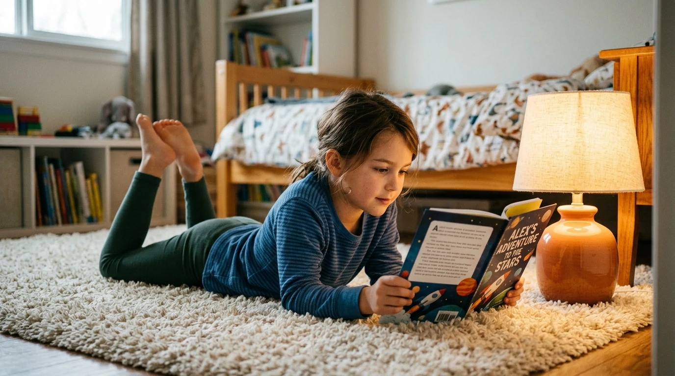 An 8-year-old child reading a personalized illustrated chapter storybook independently on a bedroom rug