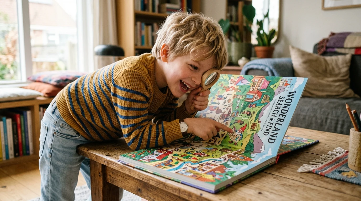 An inquisitive child with a magnifying glass happily finding hidden characters in a search-and-find storybook