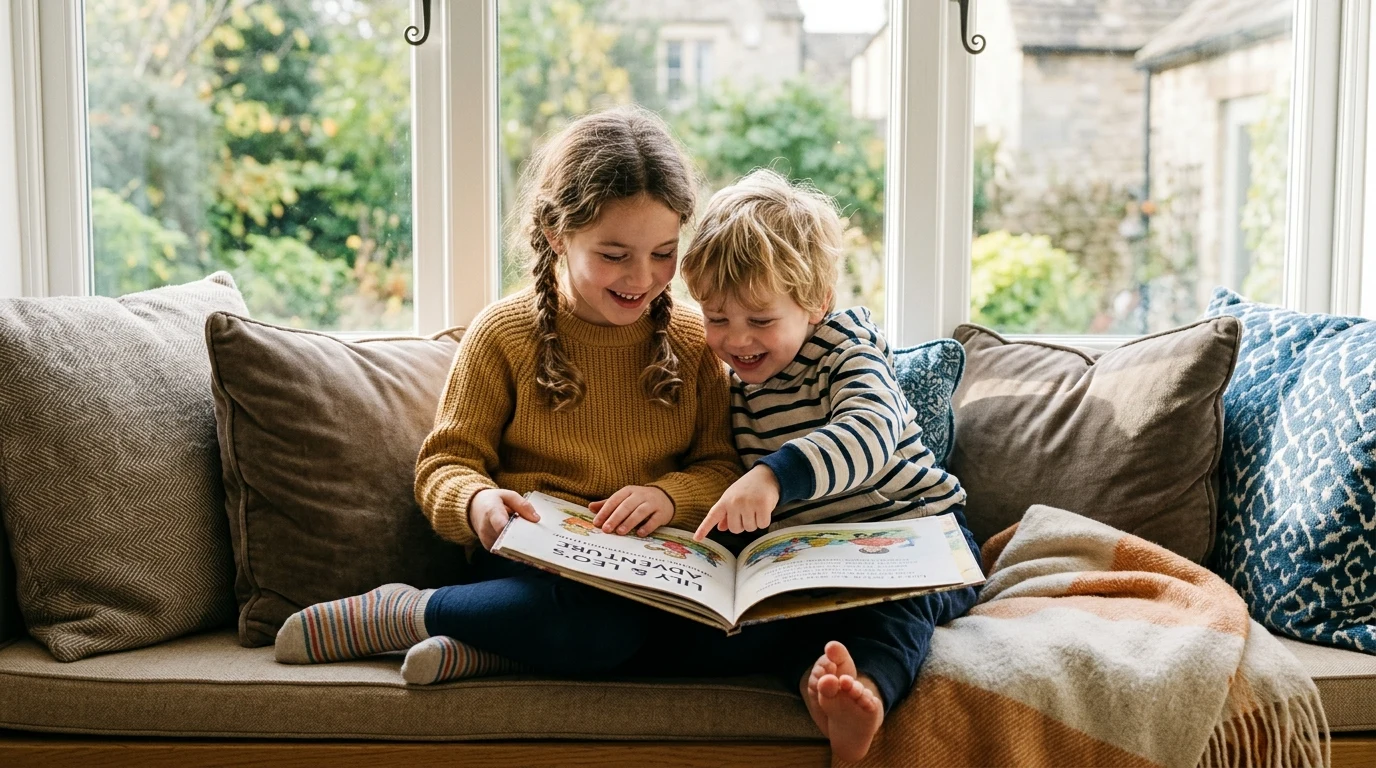 Two siblings curled up on a cozy window seat giggling over their shared personalized adventure book