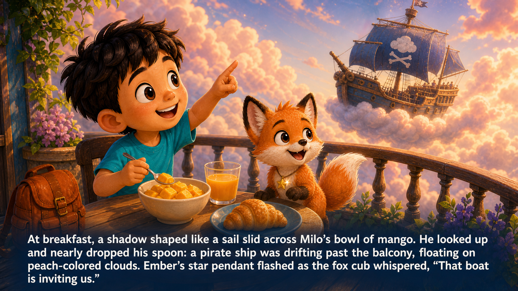 Illustration of page 1 of story The Cloud Pirates’ Shared Treasure