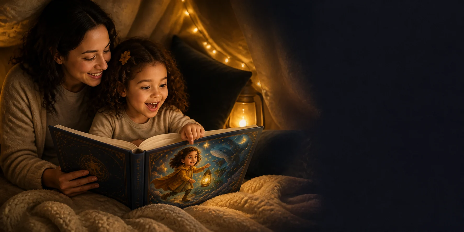 A mother and child discover the child's personalized storybook together