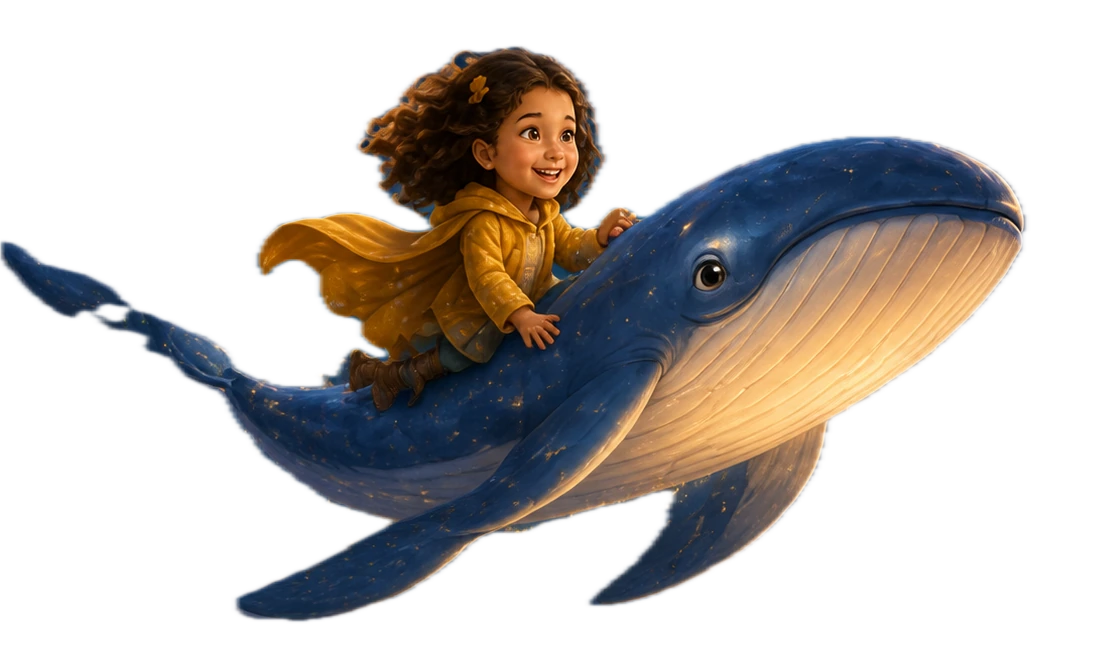 A child riding a friendly whale through a moonlit story world