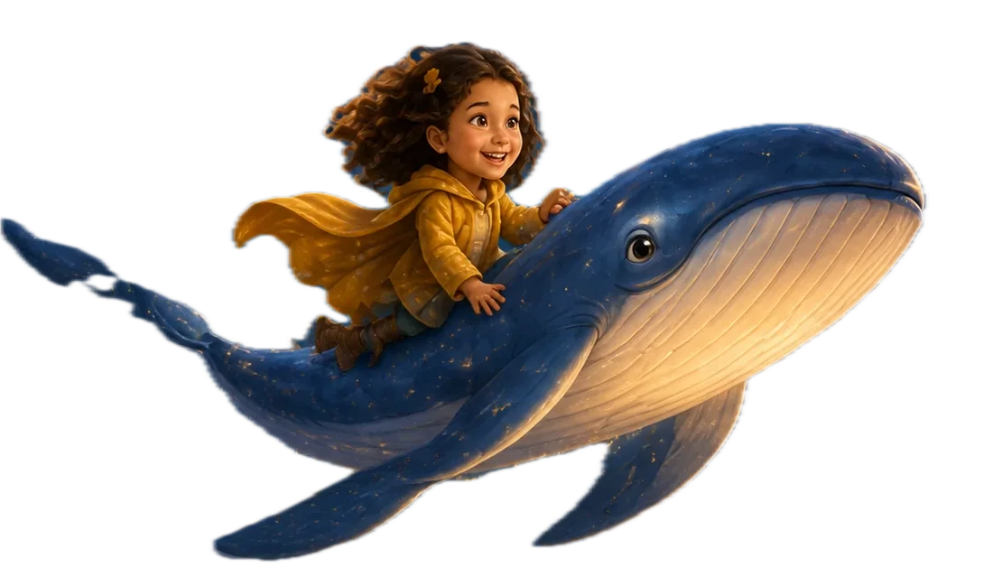 A child riding a friendly whale through a moonlit story world