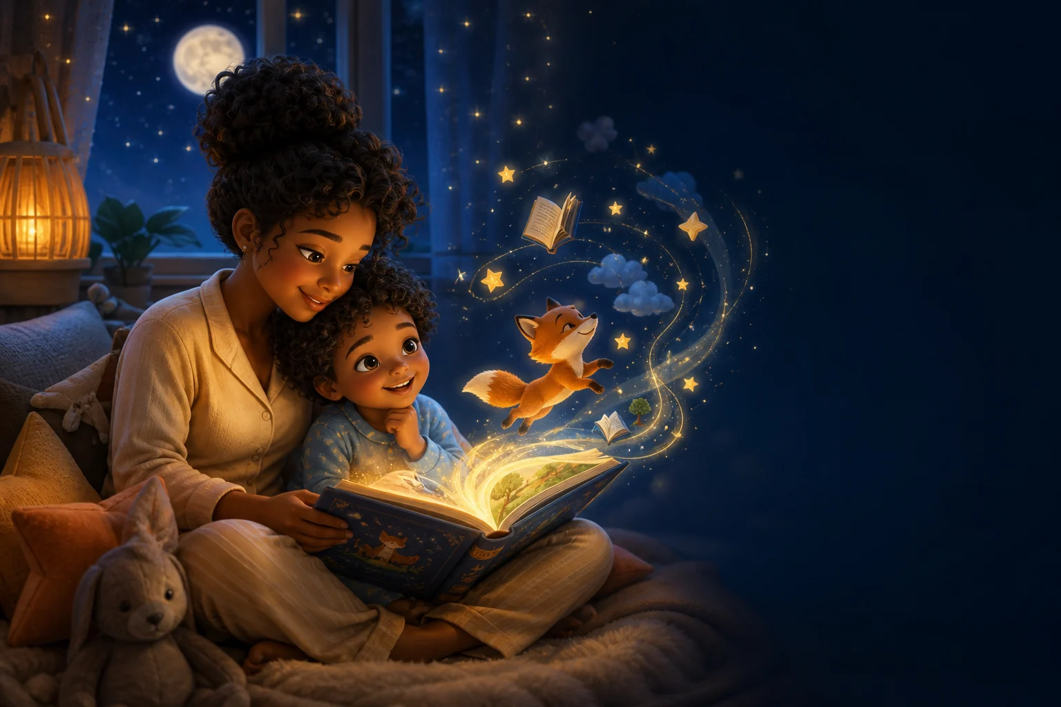 A parent and child listen to a magical story together at bedtime