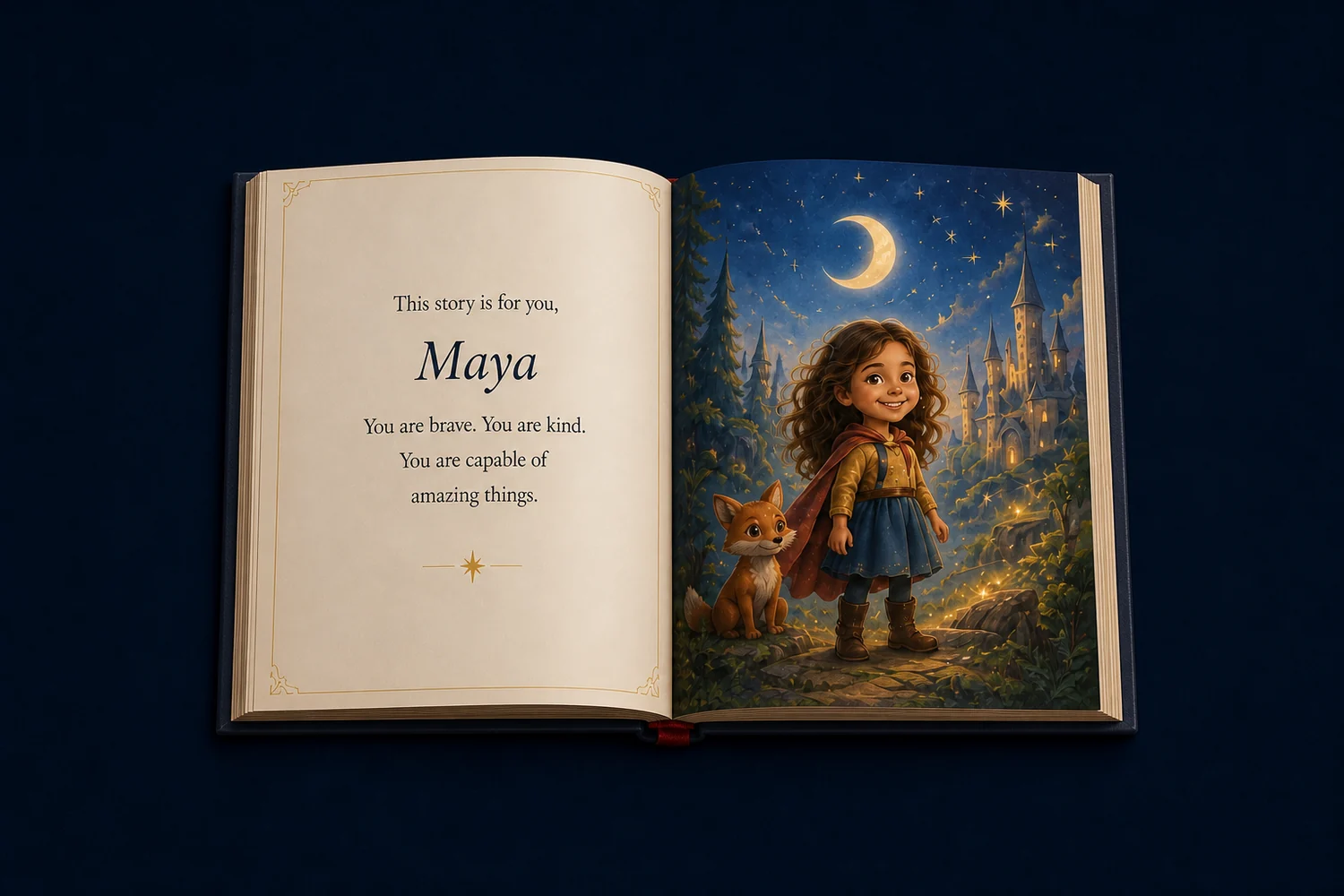 A TalePillow digital storybook mockup open to an illustrated adventure